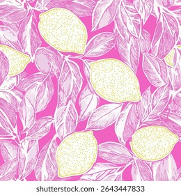 Lemon and leaf pattern, pink background, pink color palette, yellow lemons, white outlines, on linen fabric print pattern, cotton, silk, vector illustration, doodle summer, kids and baby designs.