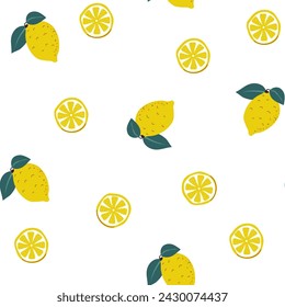 Lemon and leaf seamless pattern on white, for kitchen decor