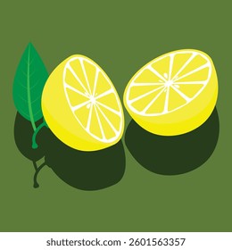 Lemon with leaf sliced in two pieces