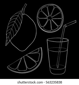 Lemon with leaf, slices and glass of lemonade with drinking straw. Hand drawn sketch. Vector illustration on black background