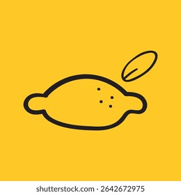 Lemon with leaf. Vector outline icon. Fruit illustration on yellow background.