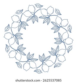 Lemon leaf wreath design with blue outlines and intricate details for decoration