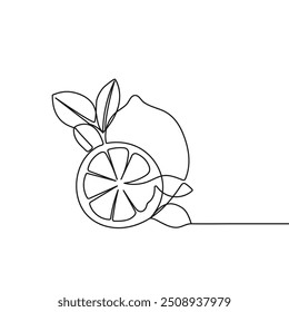 Dibujo continuo de una línea de hojas de limón. Boceto de fruta de línea negra sobre fondo blanco. Ilustración de contorno de cítricos. Vector 10.	