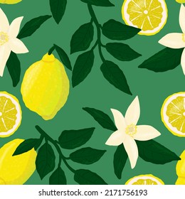 Lemon leaves and flower seamless pattern. Citrus fruit vector illustration for wallpaper, wrapping paper, textile, fabric, print