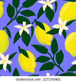 Lemon leaves and flower seamless pattern. Citrus fruit vector illustration for wallpaper, wrapping paper, textile, fabric, print