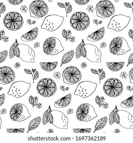 Lemon leaves flowers pattern doodle hand drawn graphics vector