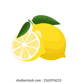 Lemon with leaves and halved in cut, flat style vector illustration isolated on white background