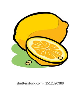 Lemon with leaves isolated on white background. Vector illustration for decorative poster, emblem natural product, farmers market. Perfect for packaging design of cosmetics and food.