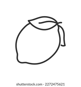 Lemon with leaves, linear icon. Line with editable stroke