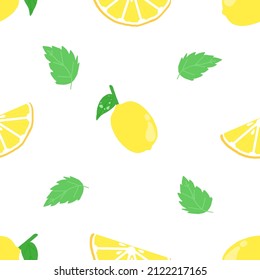Lemon with leaves on white background textured seamless pattern for wrap gift box , Pattern for tablecloth, duvet cover, blanket, or other textile print.
