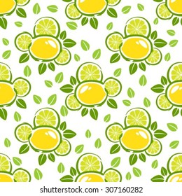 Lemon and leaves on a white background. Seamless pattern.