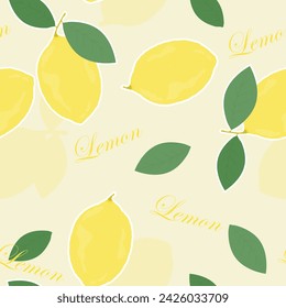 Lemon with Leaves Seamless Background for Web, Mobile, Card, Sticker, T-Shirt, Textile Shopper Bag and Other Garment.