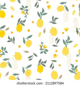 Lemon and leaves seamless pattern. Flat vector summer background, citrus print for wrapping paper, and textile design