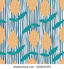 Lemon with leaves seamless pattern on stripes background. Hand drawn citrus fruits. Design for fabric, textile print, wrapping paper, children textile. Modern design. Trendy vector illustration