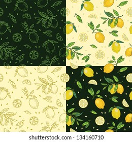 Lemon with leaves seamless pattern set. Colorful vector illustration with citrus fruits on dark and light background.