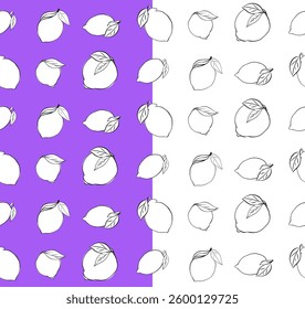 Lemon with leaves seamless pattern. Vector black and white graphic line ink illustration on transparent background. Trendy summer background. Vector print for fabric or wallpaper.
