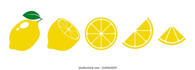 Zitrone mit Blättern und Scheiben. Halbe Früchte. Vektorgrafik einzeln auf weißem Hintergrund