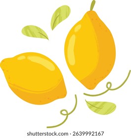 Lemon with Leaves and Swirls – Colorfull Fruit Flat Vector Illustration - Healthy Vegan Lemonade