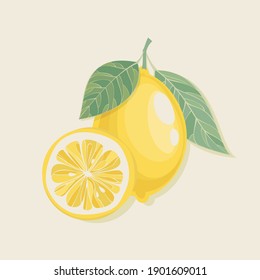 Lemon with leaves. Tropical fruit. Vector illustration.