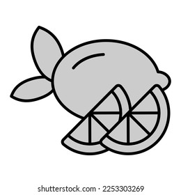 Lemon with leaves and two cut slices - icon, illustration on white background, grey style