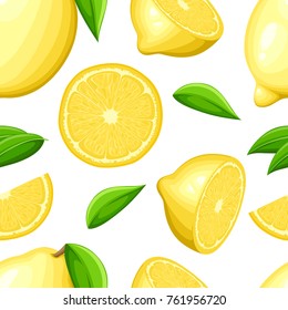 Lemon with leaves whole and slices of lemons. Seamless illustration. Vector illustration for decorative poster, emblem natural product, farmers market. Website page and mobile app design