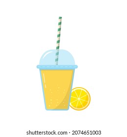 Lemon Lemonade in Glass with Cap and Straw Illustration. Slice of Lemon with Fresh Juice on White Background. Ice Fruit Cocktails in Cup. Healthy Drink. Isolated Vector.