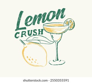 lemon with lemonade glass vector art, lemon art with paint brush texture, summer lemon artwork for t shirt, sticker, poster, screen print