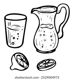 Doodle dibujado a mano de limonada de limón. Jarra de vidrio, vidrio. Utensilios de cocina para beber. Vajilla. Bebida refrescante. Vector boceto línea ilustración de arte.