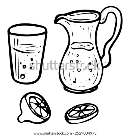 Lemon lemonade hand drawn doodle. Glass pitcher, glass. Kitchenware for drink. Tableware. Refreshing drink. Vector sketch line art illustration.