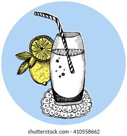 Lemon lemonade. Hand drawn vector illustration. Cocktails menu. Suitable for poster, promotional flyer, invitation, banner or magazine cover.