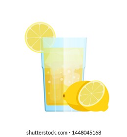 Lemon. Lemonade with Ice and Lemon Fruits.Glass with Drink and Ice Pieces. Funny Bubbles, Summer Holidays. Isolated on a white background