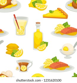Lemon and lemonade, oil in glass bottle seamless pattern isolated on white background vector. Food, refreshing fruit, citrus with sour taste. Ice cream with flavor, drink with slices and straw