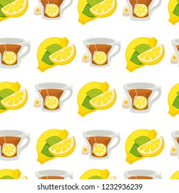 Lemon and lemonade, oil in glass bottle seamless pattern isolated on white background vector. Food, refreshing fruit, citrus with sour taste. Ice cream with flavor, drink with slices and straw