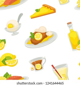 Lemon and lemonade, oil in glass bottle seamless pattern isolated on white background vector.