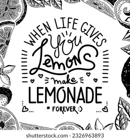 Lemon lettering. Bar label, homemade fruit logo, juice and slices, calligraphy, summer water splash and sticker. Vector cartoon illustration