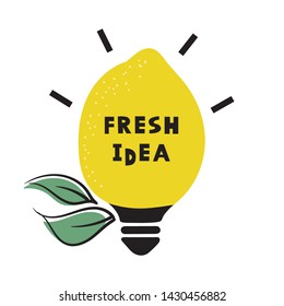 Lemon light bulb card of hand drawn fruit shape with leafs and text – Fresh idea. Creative food business art. Inspiration vector illustration.