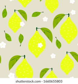 limón, lima, cítrico patrón sin fisuras. Fondo de frutas tropicales para menús, ropa de bebé, textiles, embalaje. Limón maduro, cal en una rama con hojas