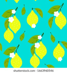 lemon, lime, citrus seamless pattern. Tropical fruit background for menus, baby clothes, textiles, packaging. Ripe lemon, lime on a branch with leaves