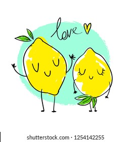 Lemon and lime couple. Handwritten phrase - love, greeting card for Valentine's day. Vector illustration.