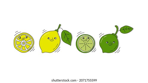 Lemon and lime fruit with smile on white background. Whole citrus fetus and its half. Vector cartoon sketch. Freehand doodle style with black contour line. Cute hand drawn bottle. Party drinks concept