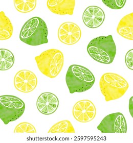 Lemon and lime fruits seamless pattern. Watercolor vector illustration with lemons slices