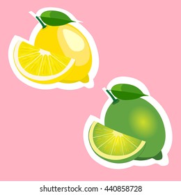 Lemon and lime fruits sticker set on on pink background. Vector illustration.