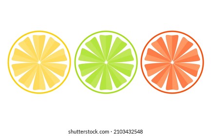 Zitronen- und Kalk- sowie Grapefruitscheiben. Einfaches Flachdesign. Einzeln auf weißem Hintergrund, Vektorgrafik.