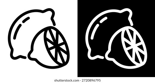 Lemon or lime with half icon. Black and white outline style. Minimal line vector citrus symbols isolated.