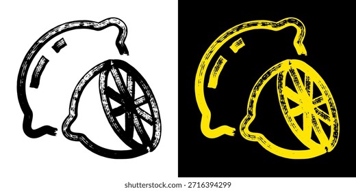 Zitrone oder Limette mit halbem Symbol, das mit einem Marker gezeichnet ist. Gelbe Umrissgrafik mit ausdrucksstarken kindlichen Strichen. Minimale Linie, Vektorsymbol für Zitrusfrüchte einzeln.
