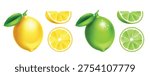Lemon and lime icon clip art set. Tropical summer lemon and green lime with whole fruits and citrus slices elements vector illustration. 
