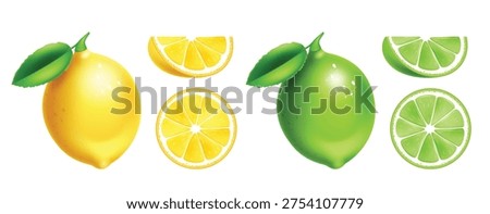 Lemon and lime icon clip art set. Tropical summer lemon and green lime with whole fruits and citrus slices elements vector illustration. 
