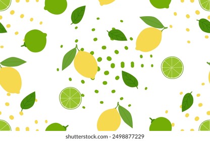 Lemon and lime isolated on a white background. Seamless pattern. Hand-drawn citrus fruits. Background for textile, paper, cover, dishes, interior decor.