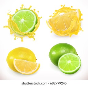 Lemon and lime juice. Fresh fruit, 3d vector icon