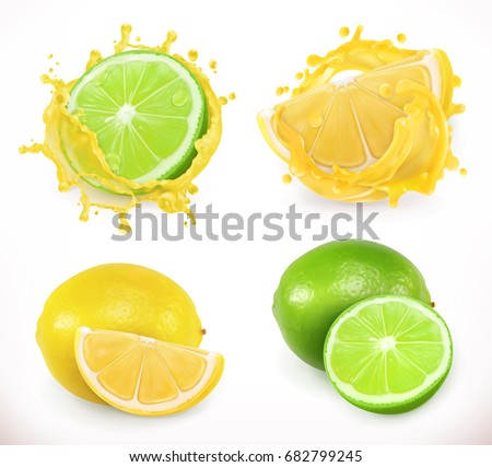 Lemon and lime juice. Fresh fruit, 3d vector icon